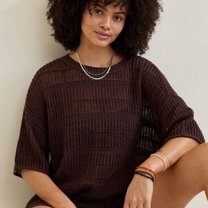 Aerie Oversized Short Sleeve Crochet Sweater Lounge or Coverup Brown Size Medium